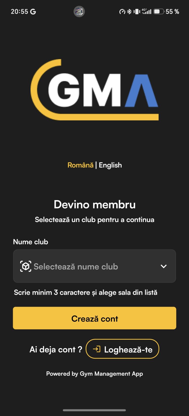 Ecranul „Devino membru” din aplicația GMA, cu câmpul „Nume club”